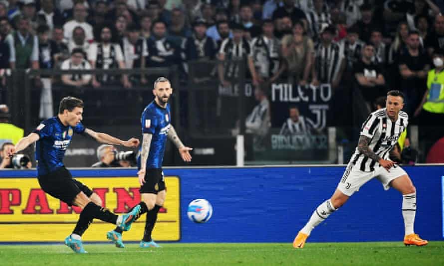 Internazionale’s Nicolo Barella fires home the opening goal in the Coppa Italia final against Juventus.