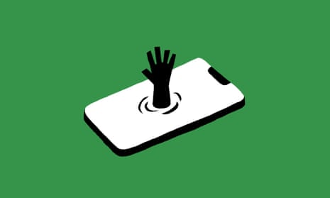 illustration of hand coming out of phone as if from a person drowning in the screen