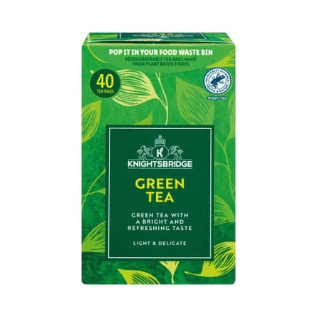 A green box of Knightsbridge Green teabags featuring leaf patterns and a shield logo