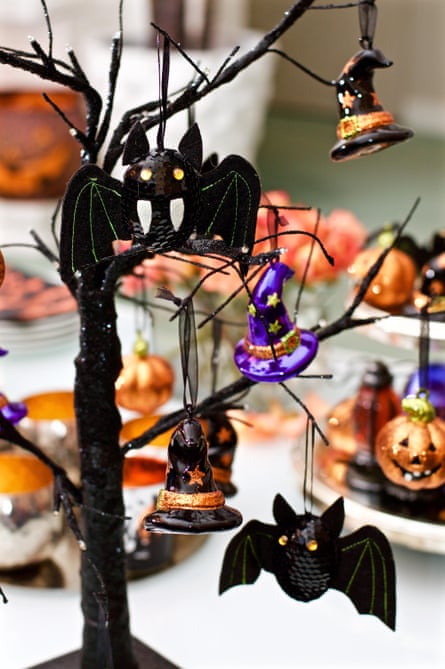 Indoor Halloween decorations in a family home.