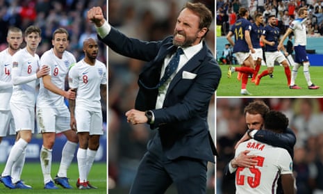 England in action at the 2018 World Cup, Gareth Southgate celebrates, Harry Kane looks dejected after missing a penalty in 2022 and Southgate consoles Bukayo Saka in 2021.