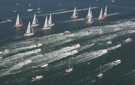 Yachts competing in the Clipper Round the World yacht race head down Southampton Water.