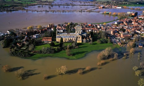 Tewkesbury Abbey, at the confluence of the Rivers Severn and Avon in Gloucestershire, is surrounded by flood waters in February