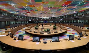 The meeting room where an EU leaders summit on the Recovery Fund will take place.