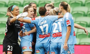 Melbourne City players celebrate after winning the 2020 W-League Grand Final.
