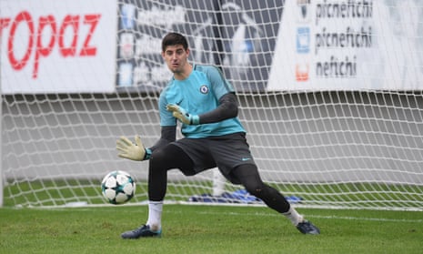 Thibaut Courtois, training before Chelsea’s Champions League tie against Qarabag, wants wages closer to that of David de Gea at Manchester United. 