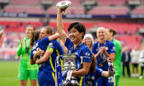Chelsea's Ji So-yun celebrates with the trophy after Sunday’s Women’s FA Cup Final victory over Manchester City at Wembley.