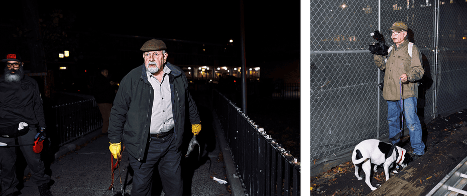 Left: Richard Reynolds holds a dead rat. Right: Bill Reyna with his dog, Paco.