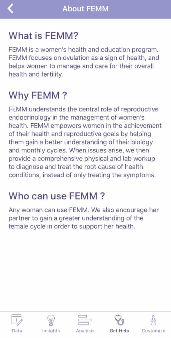 A screenshot of the Femm fertility app.