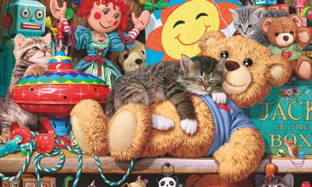 Some kittens explore a child’s toy cupboard. One is taking a nap on a lovely soft teddy bear.