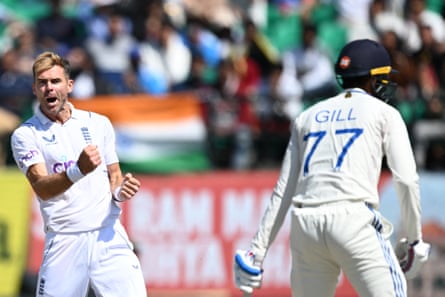 Jimmy Anderson celebrates after dismissing Gill in Dharamshala in March 2024, where the two had some on-field verbals. India won the series 4-1.