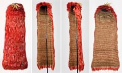 a red feather cloak photographed from four different angles