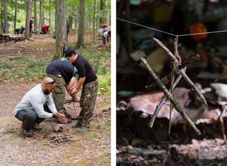 Left: Participants building a fire. Right: Lashing knots made by students.