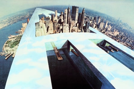 A glassy elevated runway cuts through Manhattan and goes on forever