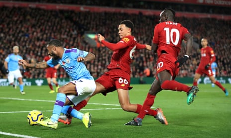 Trent Alexander-Arnold tackling Raheem Sterling during Liverpool's 3-1 win against Manchester City at Anfield earlier this season