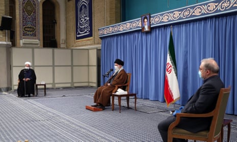 Iranian Supreme leader Ali Khamenei attends a meeting to discuss the coronavirus pandemic on Saturday.