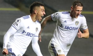 Leeds's Rodrigo celebrates with Liam Cooper after scoring in the 1-1 against Manchester City