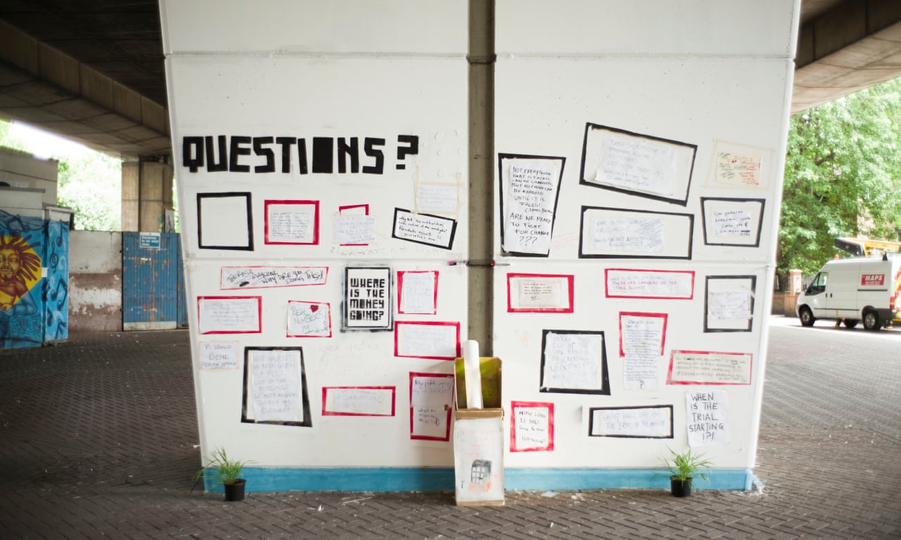 A wall of questions near the Grenfell Tower.