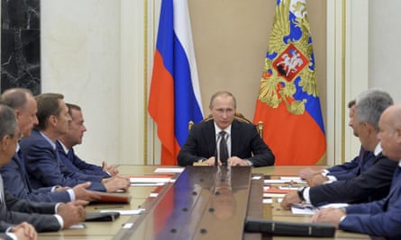 Russia’s president, Vladimir Putin, at his security council meeting in the Kremlin, Moscow, on Thursday.
