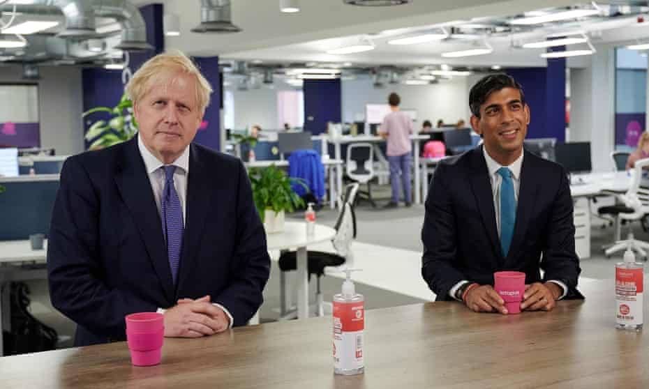 Boris Johnson and Rishi Sunak during a visit to the headquarters of Octopus Energy in London, 5 October 2020.