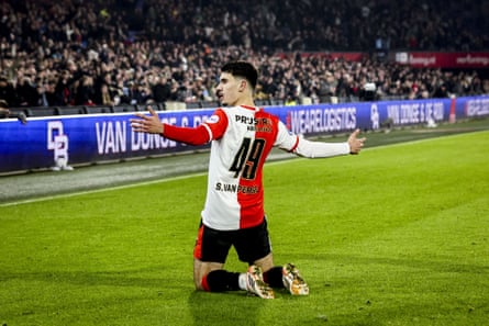 Feyenoord’s Shaqueel van Persie celebrates scoring one of two goals against Sparta Rotterdam.