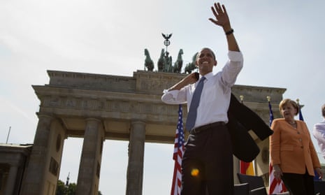 Barack Obama in 2013, during his first Berlin speech as a US president and Angela Merkel.