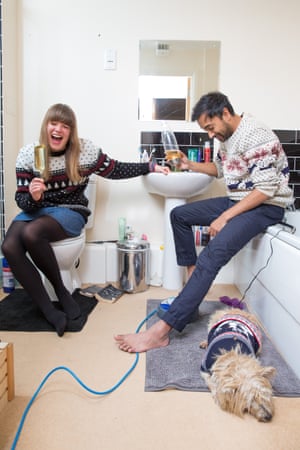 Don’t do this at home … Felicity and Rhik and Wilf risk life and limb making ‘shampagne’ in the bathroom.