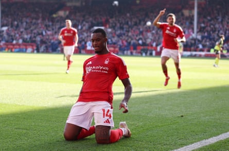 Callum Hudson-Odoi knee slides after scoring during the Premier League match between Nottingham Forest and Manchester City