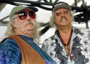 David Crosby and Arlo Guthrie at the original Woodstock festival site in Bethel, New York in August 1999.