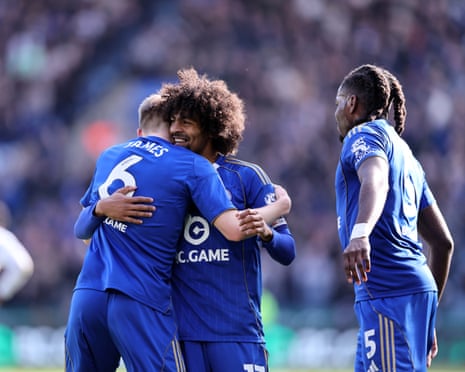 Jordan James celebrates with Hamza Choudhury after scoring.