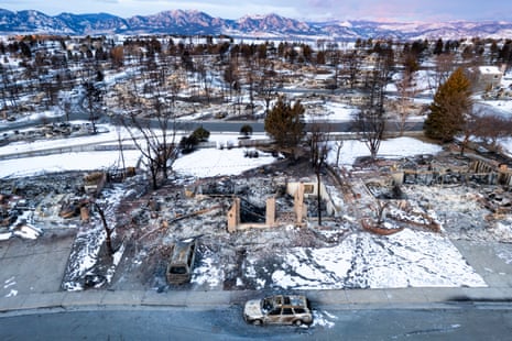 Burned homes sit in a neighborhood decimated by the Marshall fire on Tuesday in Louisville, Colorado.