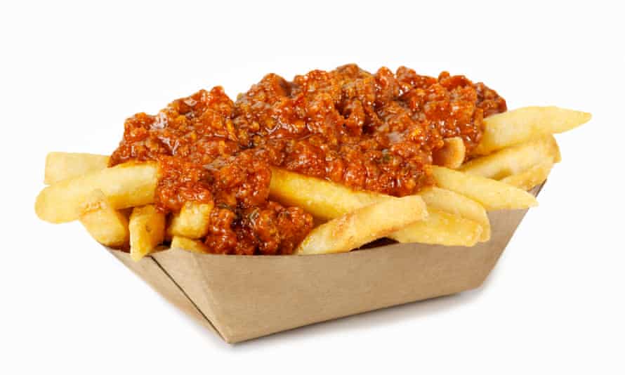 French fries with bolognese sauce