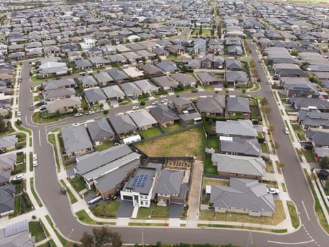 Oran Park housing estate in Western Sydney. Aerial, drone