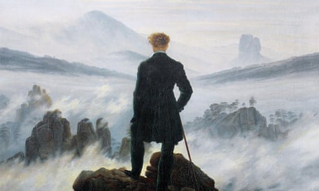 painting of a man on a mountain above a sea of fog