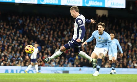 James Maddison scores Tottenham’s first goal in their 4-0 win at Manchester City.