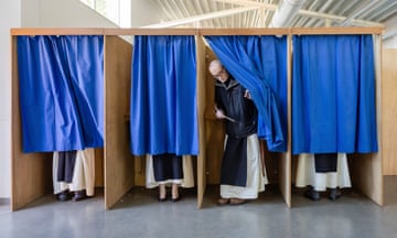 A monk from the Sint-Sixtus Abbey after casting his vote in Vleteren, Belgium