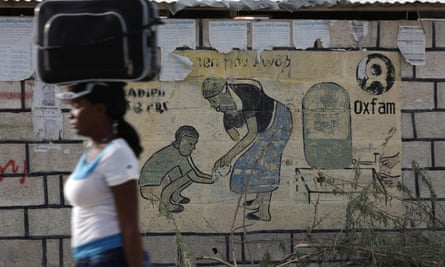 An Oxfam sign in Corail, a camp for displaced people of the 2010 earthquake, on the outskirts of Port-au-Prince, Haiti.