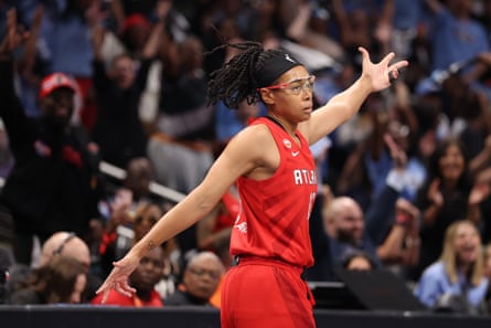 Atlanta’s Allisha Gray celebrates after hitting a three-pointer against the Valkyries during the first quarter