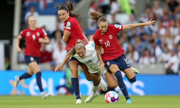 Caroline Graham Hansen (right) battles for possession with England's Georgia Stanway.