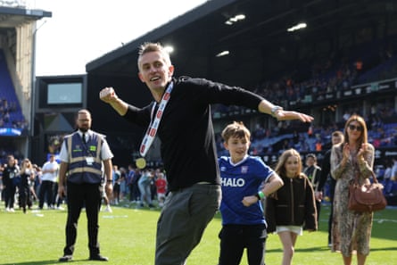 Ipswich Town manager Kieran McKenna celebrates after winning promotion to the Premier League in May 2026