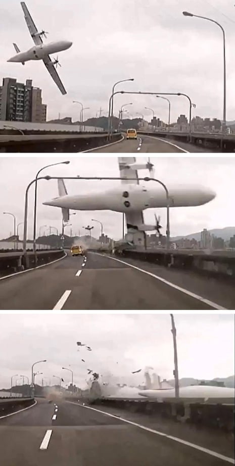 Screen grabs taken from video shows the TransAsia ATR 72-600 turboprop plane approaching and clipping an elevated motorway before crashing into the Keelung river outside Taiwan’s capital Taipei.