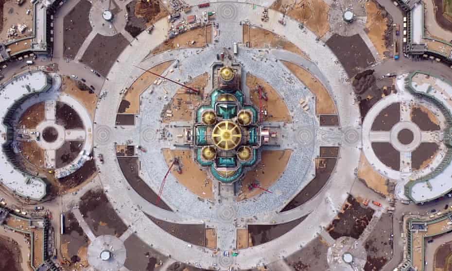 An aerial view of the construction site of the Resurrection of Christ Cathedral.