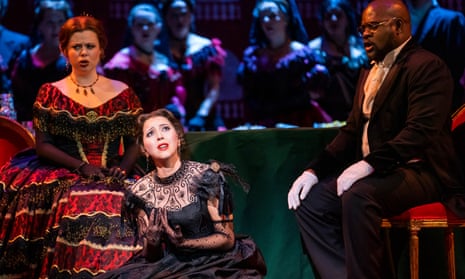 Unsparing vividness… Lisetta Oropesa (centre) as Violetta in La Traviata at the Royal Opera House, October 2021.