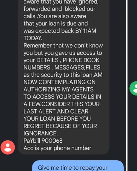 A screenshot of an intimidating message sent to a source by a loan company