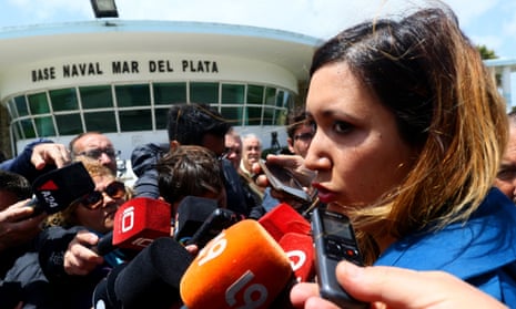 Itati Leguizamon, wife of one of the 44 crew members on the Argentinian submarine that disappeared speaks with the media at the naval base of Mar del Plata, Argentina on Monday.