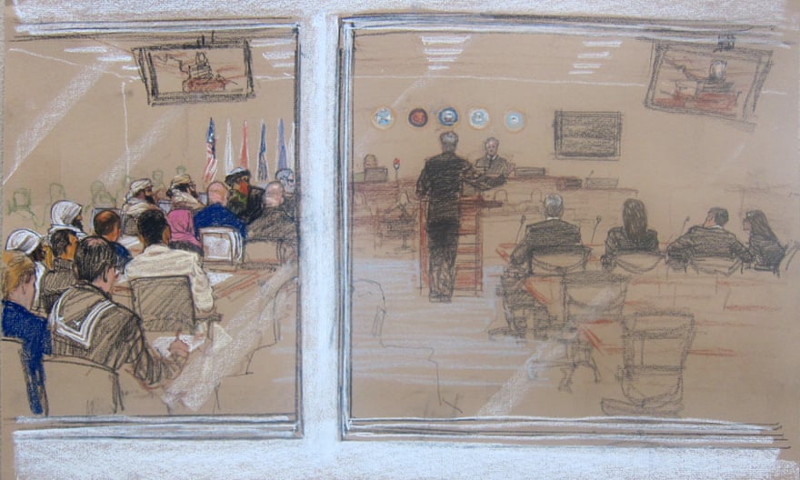 A sketch of the scene inside the courtroom at Camp Justice