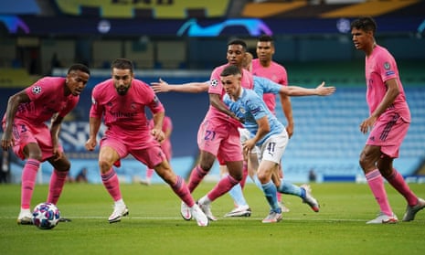Phil Foden plays his way out of another tight space during Manchester City’s victory over Real Madrid.