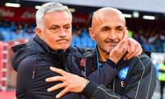 SSC Napoli v AS Roma - Serie A<br>NAPLES, ITALY - APRIL 18: AS Roma coach Josè Mourinho and SSC Napoli coach Luciano Spalletti prior to the Serie A match between SSC Napoli and AS Roma at Stadio Diego Armando Maradona on April 18, 2022 in Naples, Italy. (Photo by Fabio Rossi/AS Roma via Getty Images)