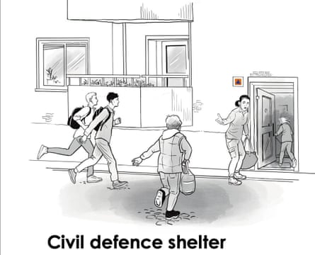 Illustration of people running towards a doorway, with the caption ‘Civil defence shelter’