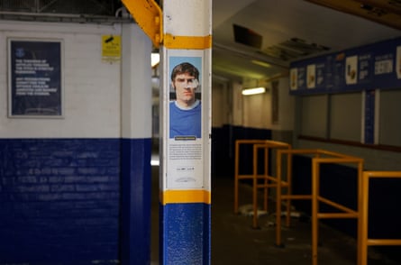 A sticker of former Everton player Roger Kenyon on a girder in the Lower Bullens Road Stand